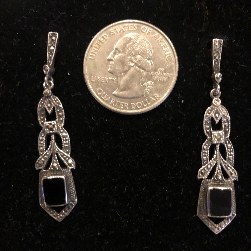 Sterling Silver Black Onyx Dangle Earrings Pierced 925 - Picture 4 of 4